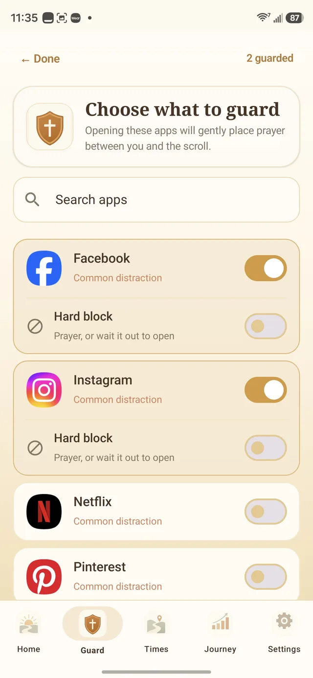 Prayer Guard Android guarded apps screen with TikTok selected