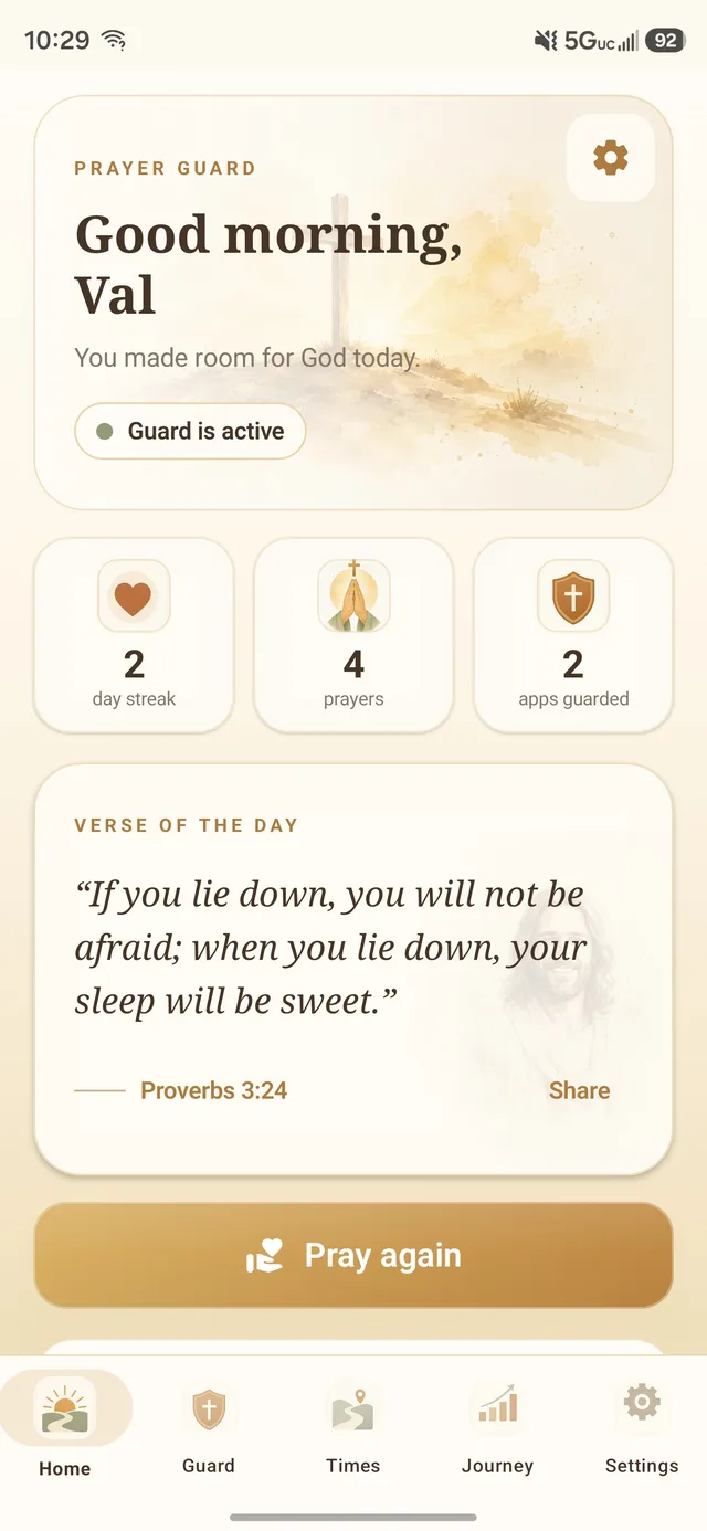 Prayer Guard home screen greeting Val with prayer streak and verse of the day