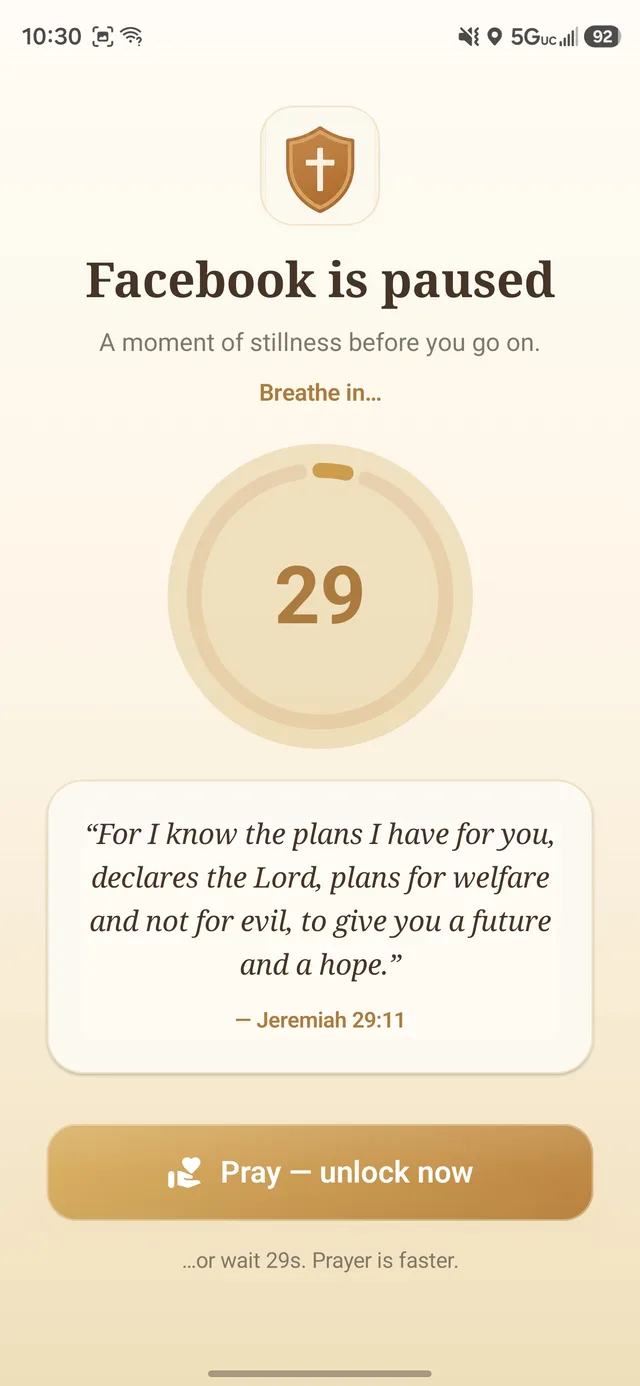 Prayer Guard pause screen showing Scripture, a prayer timer, and a Pray to unlock button before Facebook opens
