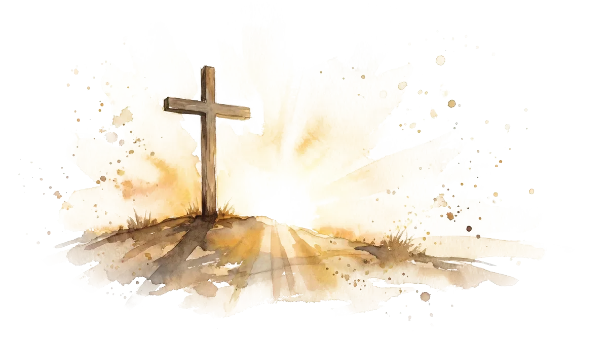 Watercolor painting of a cross at sunrise, symbolizing scripture before scrolling with Prayer Guard