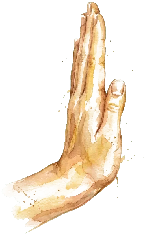 Left hand in watercolor moving toward prayer