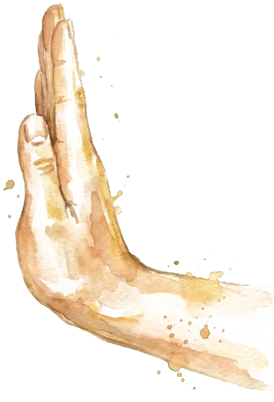Right hand in watercolor moving toward prayer