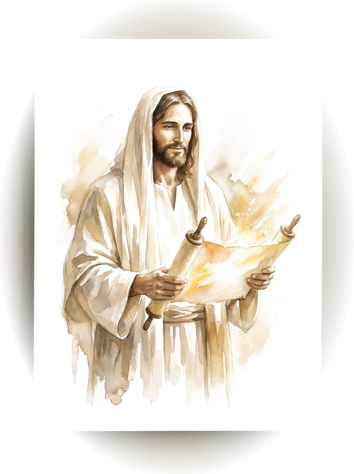 Watercolor of Jesus holding Scripture, representing Bible verses about phone addiction and distraction